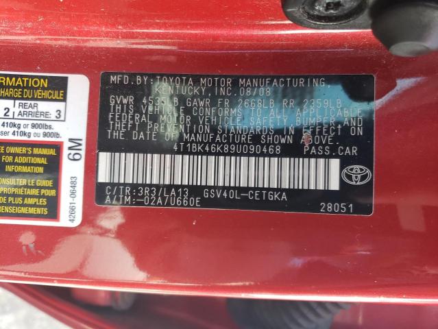 4T1BK46K89U090468 - 2009 TOYOTA CAMRY SE RED photo 12