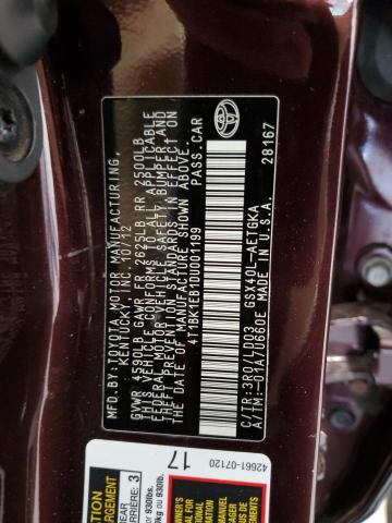 4T1BK1EB1DU001199 - 2013 TOYOTA AVALON BASE 勃艮第红 照片 12