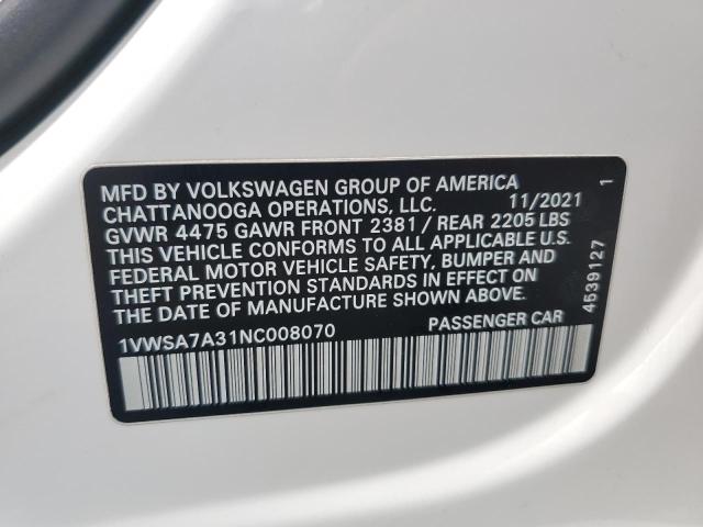 1VWSA7A31NC008070 - 2022 VOLKSWAGEN PASSAT SE WHITE photo 12