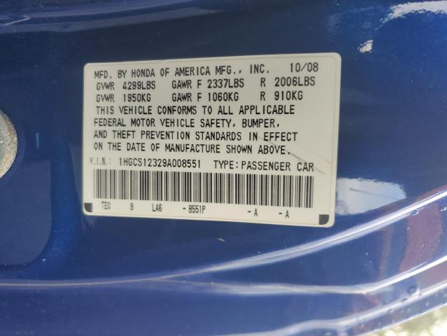 1HGCS12329A008551 - 2009 HONDA ACCORD LX BLUE photo 12