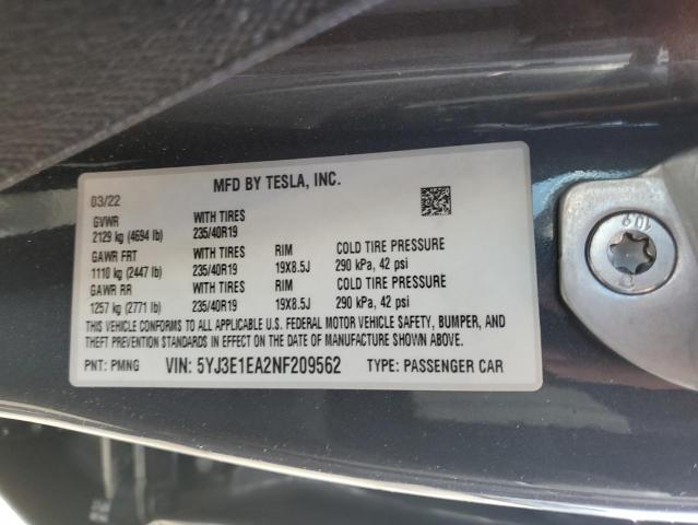 5YJ3E1EA2NF209562 - 2022 TESLA MODEL 3 Gris photo 12