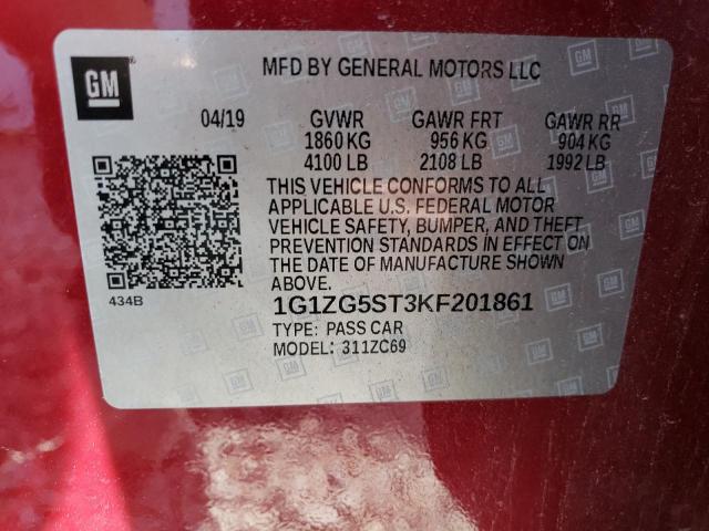1G1ZG5ST3KF201861 - 2019 CHEVROLET MALIBU RS 勃艮第红 照片 12