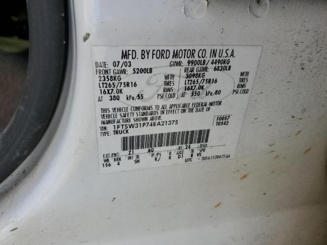 1FTSW31P74EA21375 - 2004 FORD F350 SRW SUPER DUTY WHITE photo 12