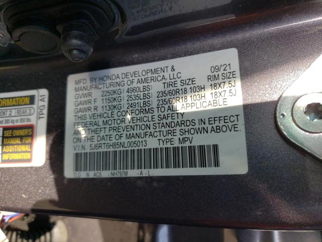 5J6RT6H85NL005013 - 2022 HONDA CR-V EXL GRAY photo 13