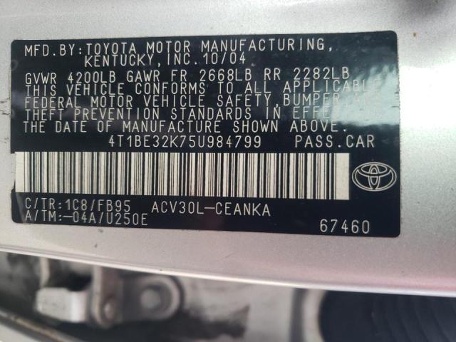 4T1BE32K75U984799 - 2005 TOYOTA CAMRY LE SILVER photo 12