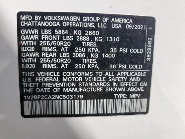 1V2BP2CA2NC503179 - 2022 VOLKSWAGEN ATLAS SEL WHITE photo 13