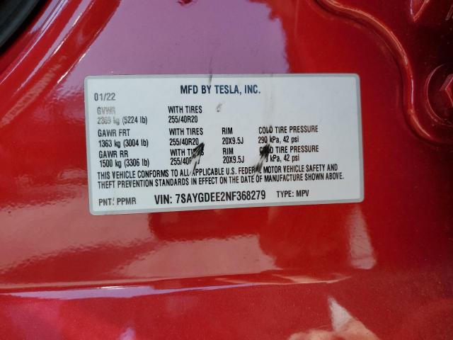 7SAYGDEE2NF368279 - 2022 TESLA MODEL Y RED photo 13