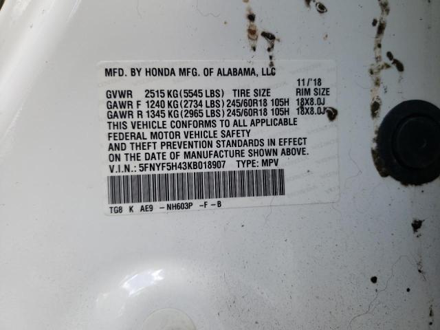 5FNYF5H43KB018907 - 2019 HONDA PILOT EXL 白色 照片 13