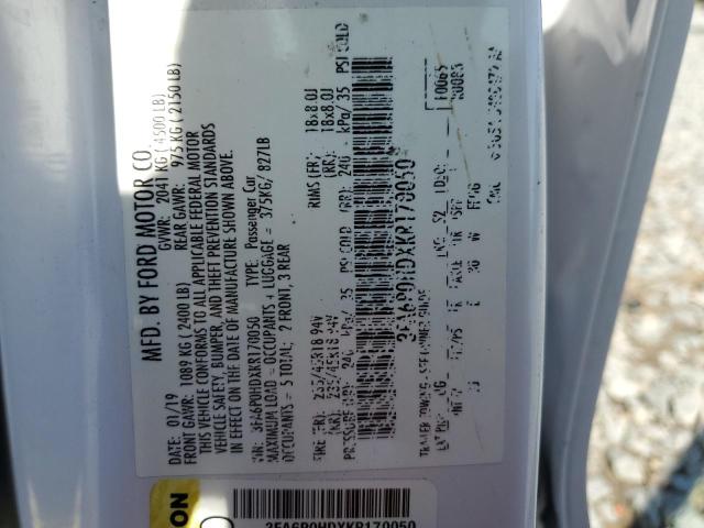 3FA6P0HDXKR170050 - 2019 FORD FUSION SE თეთრი ფოტო 12