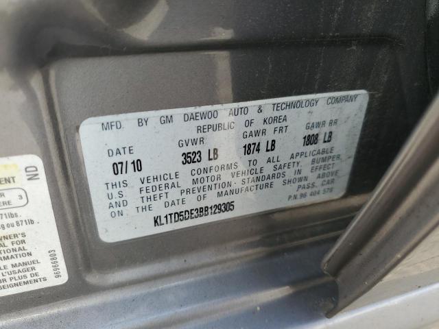 KL1TD5DE3BB129305 - 2011 CHEVROLET AVEO LS 灰色 照片 12