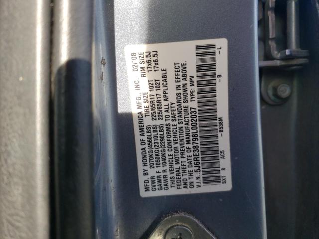 5J6RE38798L002037 - 2008 HONDA CR-V EXL BLUE photo 10