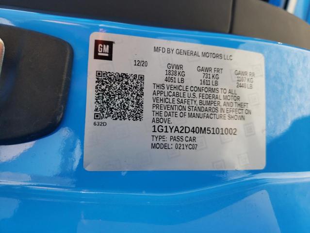 1G1YA2D40M5101002 - 2021 CHEVROLET CORVETTE STINGRAY 1LT BLUE photo 12