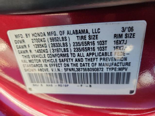 5FNRL38756B090872 - 2006 HONDA ODYSSEY EXL 红色 照片 13