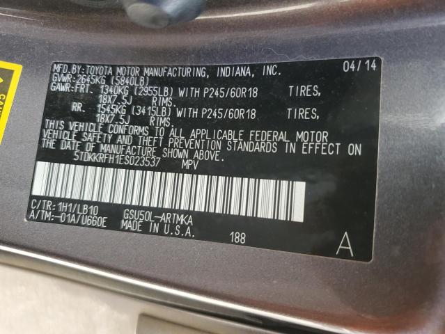 5TDKKRFH1ES023537 - 2014 TOYOTA HIGHLANDER XLE Grafit foto 12