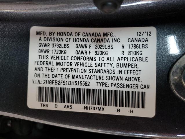 2HGFB2F91DH515582 - 2013 HONDA CIVIC EXL GRAY photo 12
