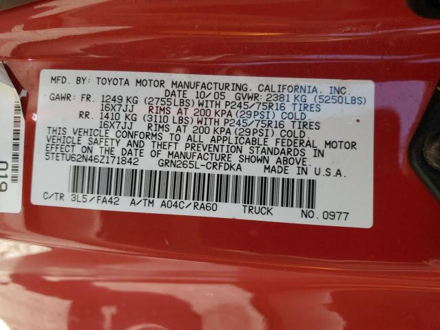 5TETU62N46Z171842 - 2006 TOYOTA TACOMA PRERUNNER ACCESS CAB RED photo 12