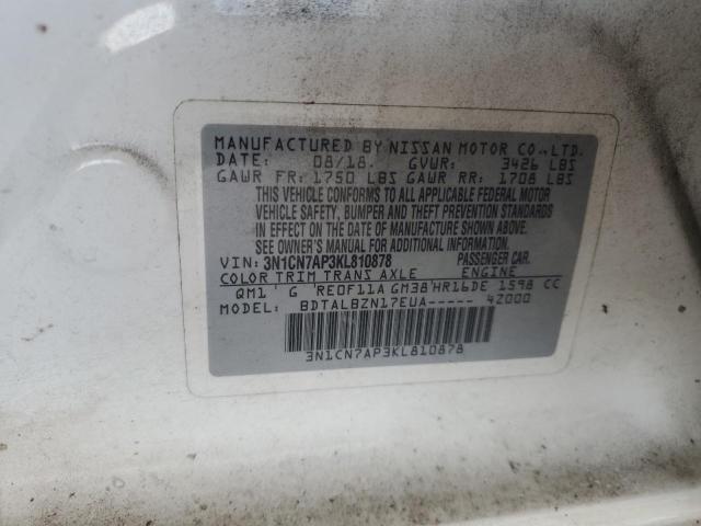 3N1CN7AP3KL810878 - 2019 NISSAN VERSA S WHITE photo 12