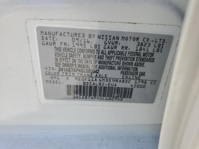 3N1AB7AP4GL680942 - 2016 NISSAN SENTRA S WHITE photo 12