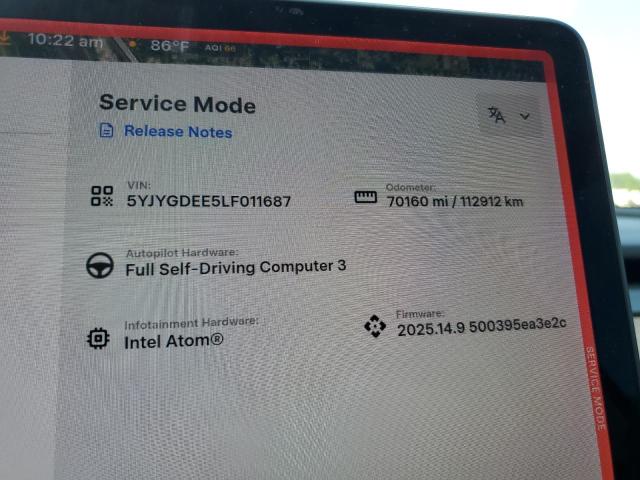 5YJYGDEE5LF011687 - 2020 TESLA MODEL Y Ağ foto 9