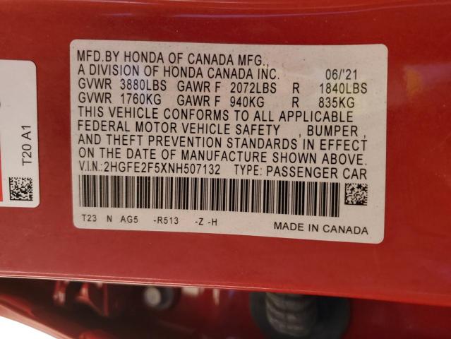 2HGFE2F5XNH507132 - 2022 HONDA CIVIC SPORT 红色 照片 12