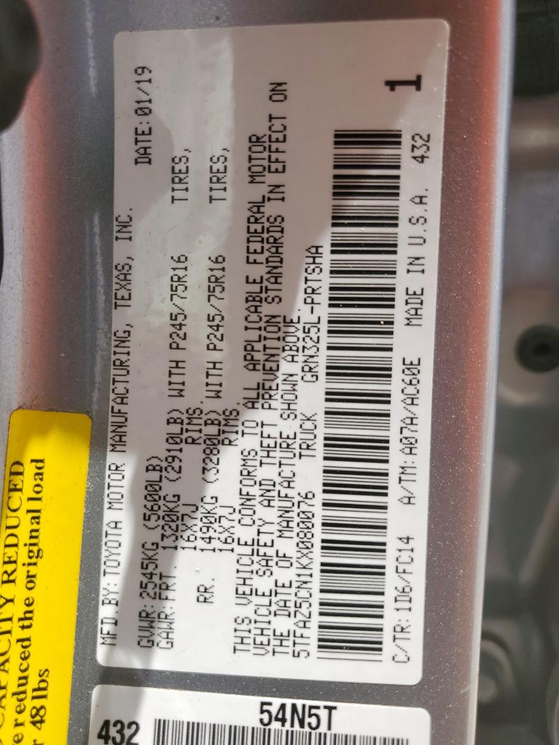 5TFAZ5CN1KX080076 - 2019 TOYOTA TACOMA DOUBLE CAB Сріблястий фото 12