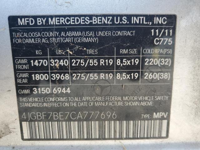 4JGBF7BE7CA777696 - 2012 MERCEDES-BENZ GL 450 4MATIC SILVER photo 13