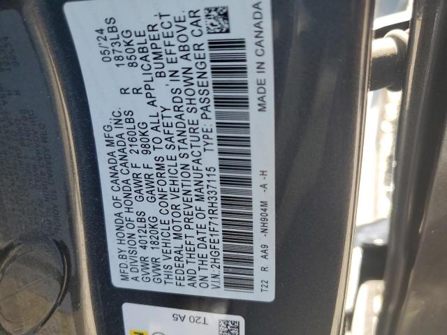 2HGFE1F71RH337115 - 2024 HONDA CIVIC EX GRAY photo 12