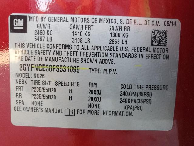 3GYFNCE38FS531099 - 2015 CADILLAC SRX PERFORMANCE COLLECTION RED photo 14