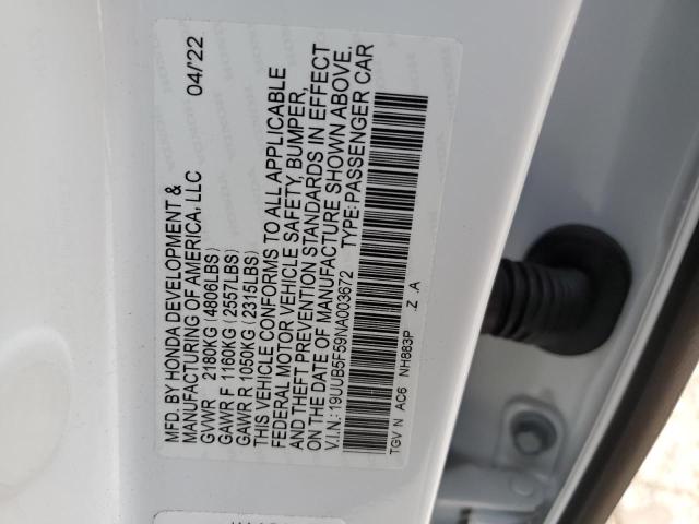 19UUB5F59NA003672 - 2022 ACURA TLX TECH A WHITE photo 13