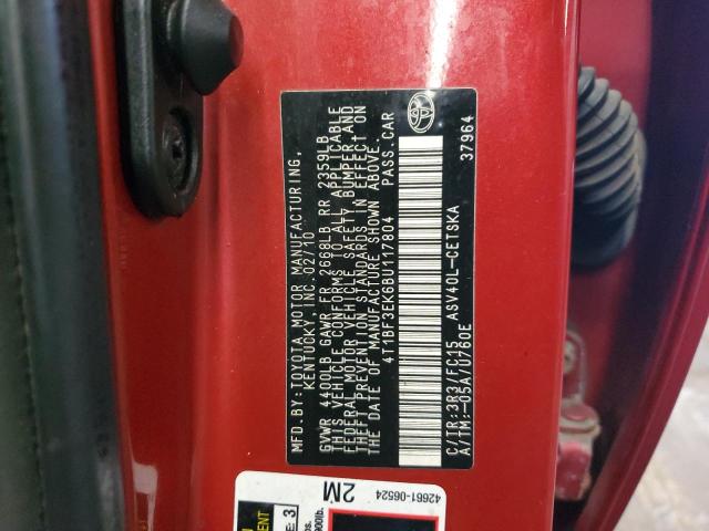 4T1BF3EK6BU117804 - 2011 TOYT CAMRY BASE RED photo 12