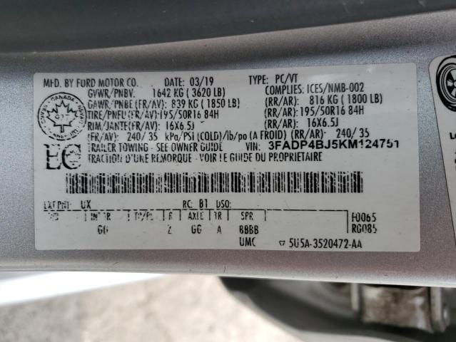 3FADP4BJ5KM124751 - 2019 FORD FIESTA SE ვერცხლისფერი ფოტო 12
