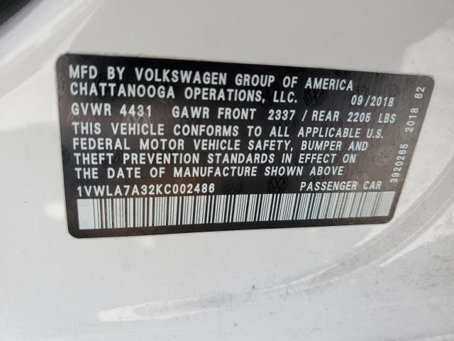 1VWLA7A32KC002486 - 2019 VOLKSWAGEN PASSAT WOLFSBURG WHITE photo 12