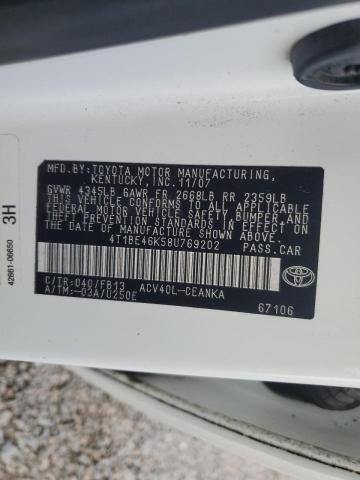 4T1BE46K58U769202 - 2008 TOYOTA CAMRY CE WHITE photo 12