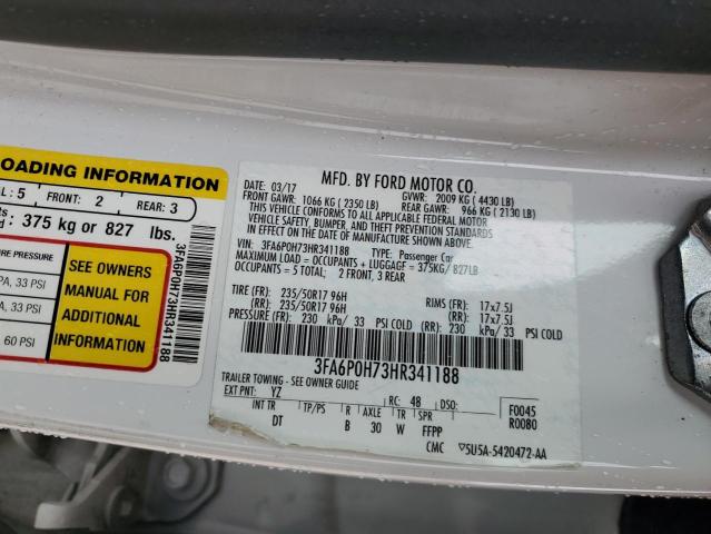 3FA6P0H73HR341188 - 2017 FORD FUSION SE WHITE photo 12