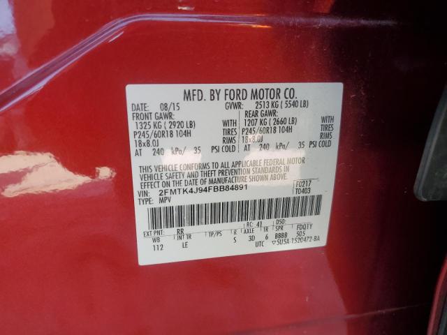 2FMTK4J94FBB84891 - 2015 FORD EDGE SEL RED photo 13