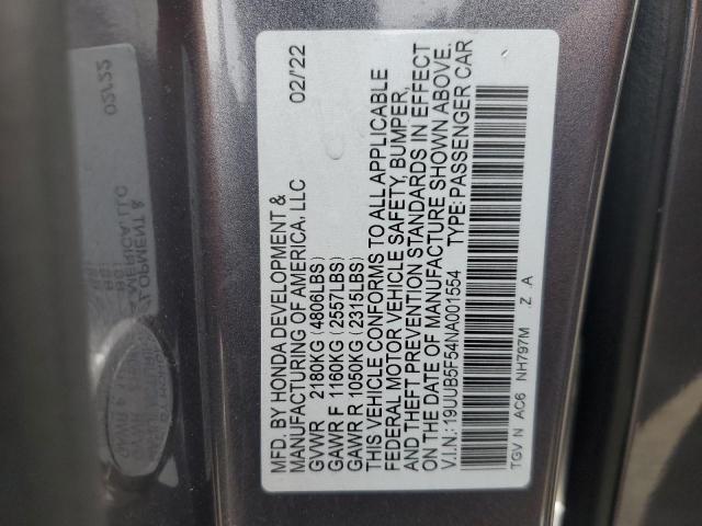 19UUB5F54NA001554 - 2022 ACURA TLX TECH A GRAY photo 12