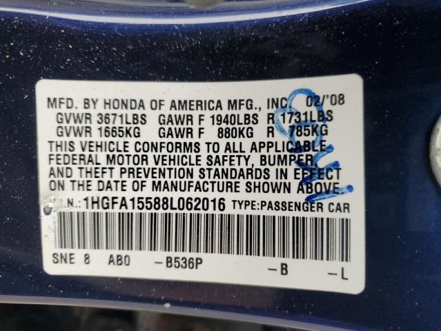 1HGFA15588L062016 - 2008 HONDA CIVIC LX BLUE photo 13