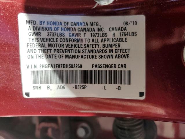 2HGFA1F87BH502269 - 2011 HONDA CIVIC EX BURGUNDY photo 12