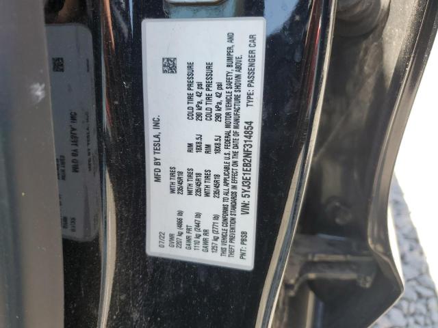 5YJ3E1EB2NF314854 - 2022 TESLA MODEL 3 BLACK photo 12