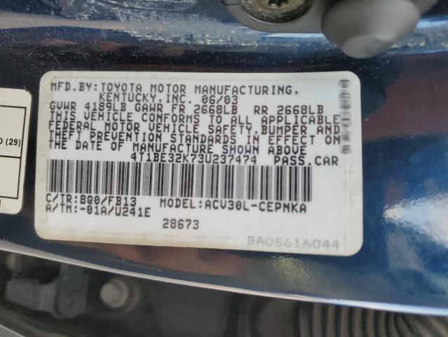 4T1BE32K73U237474 - 2003 TOYOTA CAMRY LE BLUE photo 13