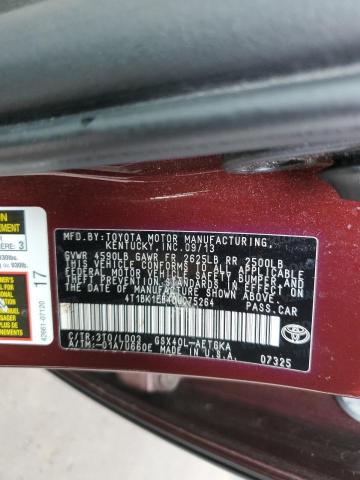 4T1BK1EB4DU075264 - 2013 TOYOTA AVALON BASE 勃艮第红 照片 12