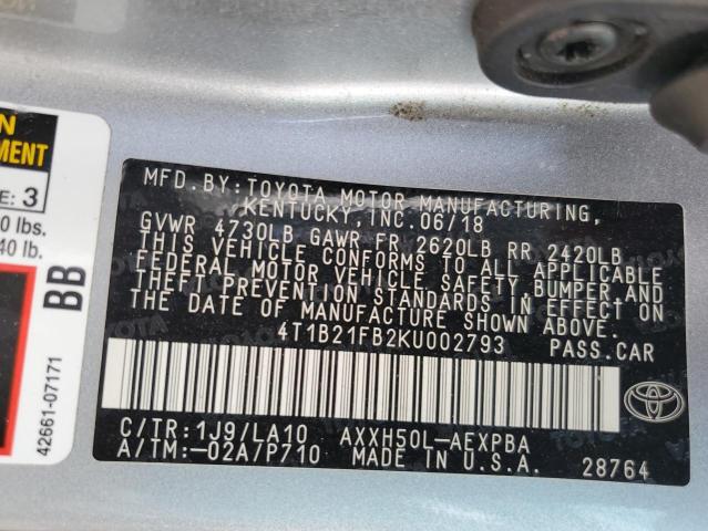 4T1B21FB2KU002793 - 2019 TOYOTA AVALON XLE SILVER photo 13