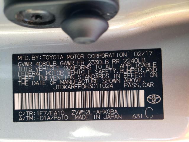 JTDKARFP0H3011024 - 2017 TOYOTA PRIUS PRIM ვერცხლისფერი ფოტო 13
