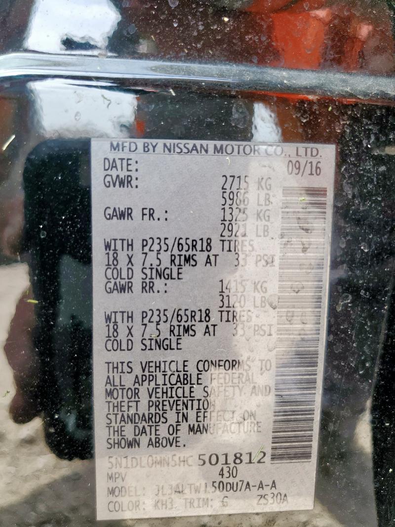 5N1DL0MN5HC501812 - 2017 INFINITI QX60 BLACK photo 12