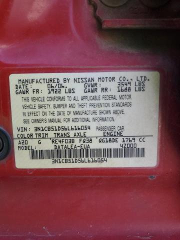 3N1CB51D56L616054 - 2006 NISSAN SENTRA 1.8 RED photo 12