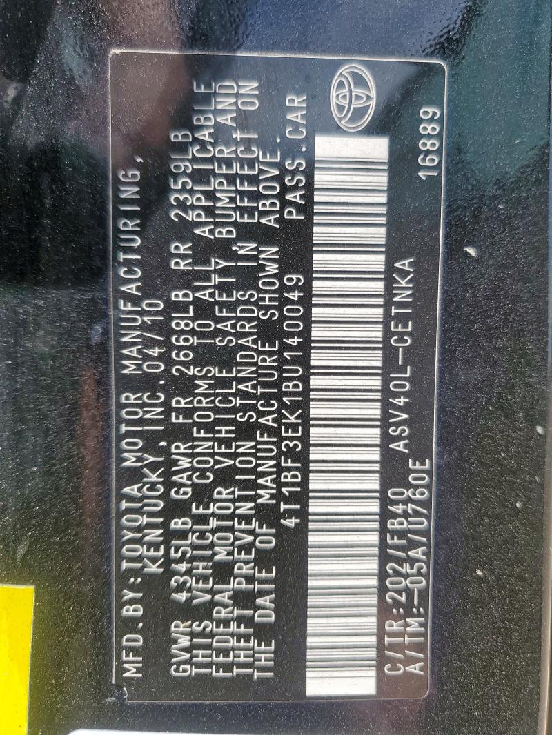 4T1BF3EK1BU140049 - 2011 TOYOTA CAMRY BASE BLACK photo 12