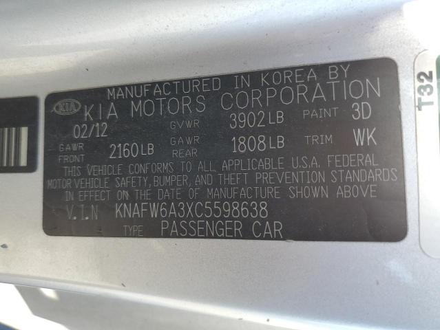 KNAFW6A3XC5598638 - 2012 KIA FORTE SX SILVER photo 12