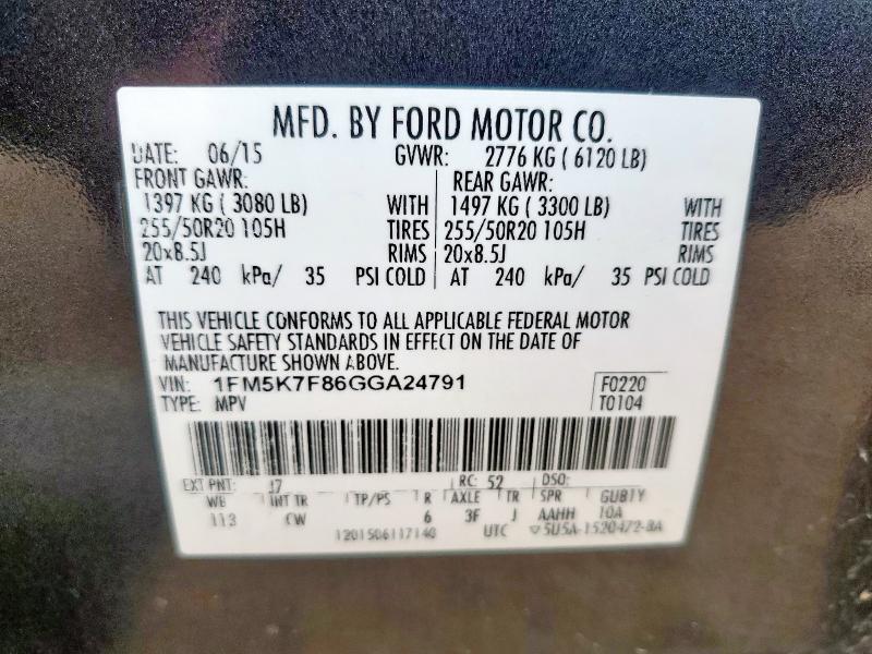 1FM5K7F86GGA24791 - 2016 FORD EXPLORER LIMITED ნაცრისფერი ფოტო 13