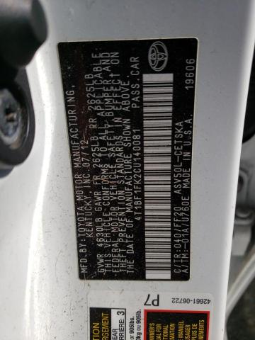 4T1BF1FK2CU140081 - 2012 TOYOTA CAMRY 4D 2 BASE RED photo 12