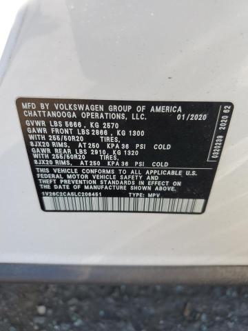 1V26C2CA5LC206451 - 2020 VOLKSWAGEN ATLAS CROS SE WHITE photo 12